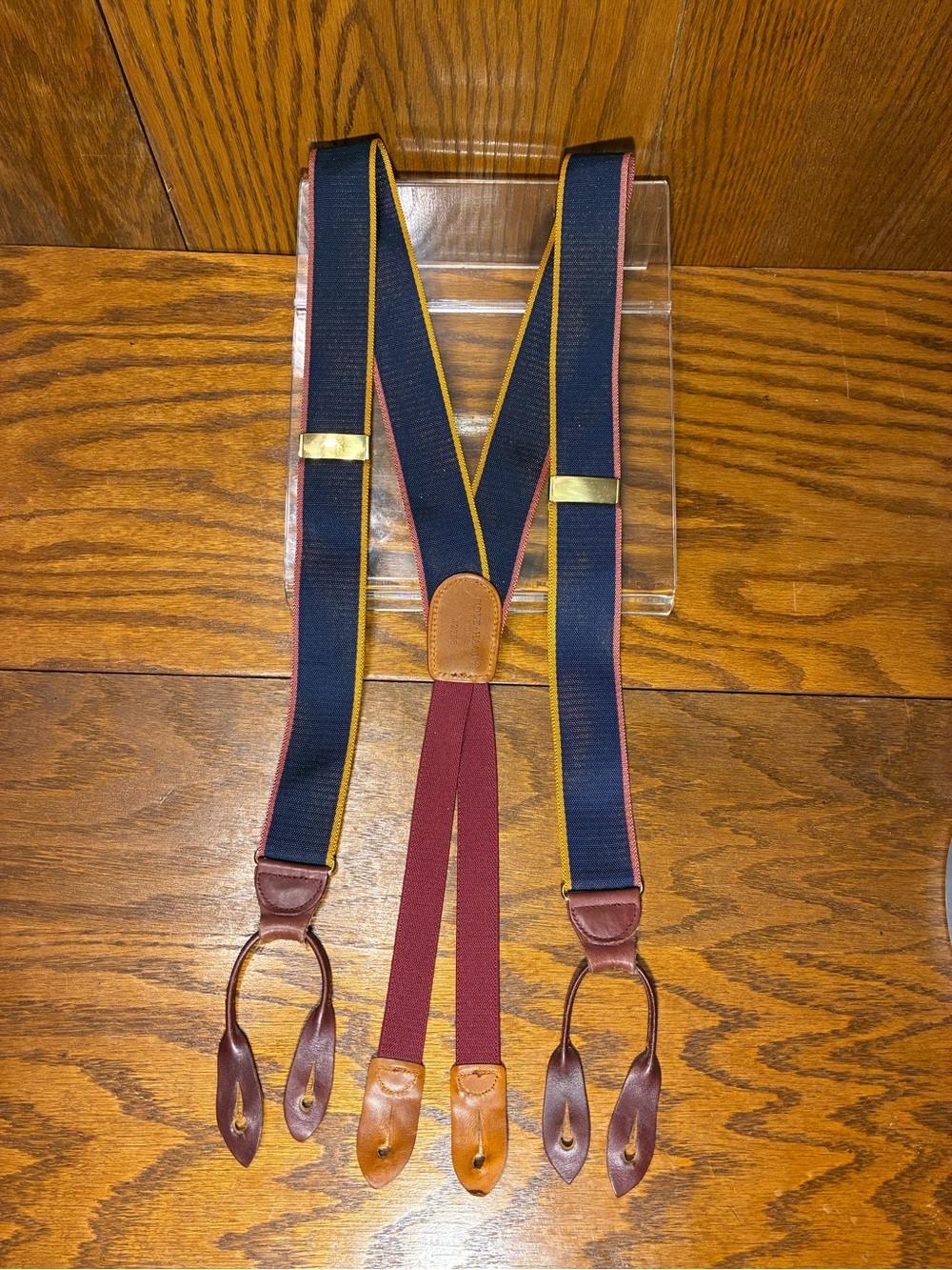 VTG Cole Haan USA MADE Suspenders Leather Button Tabs Solid Brass Navy Burgundy